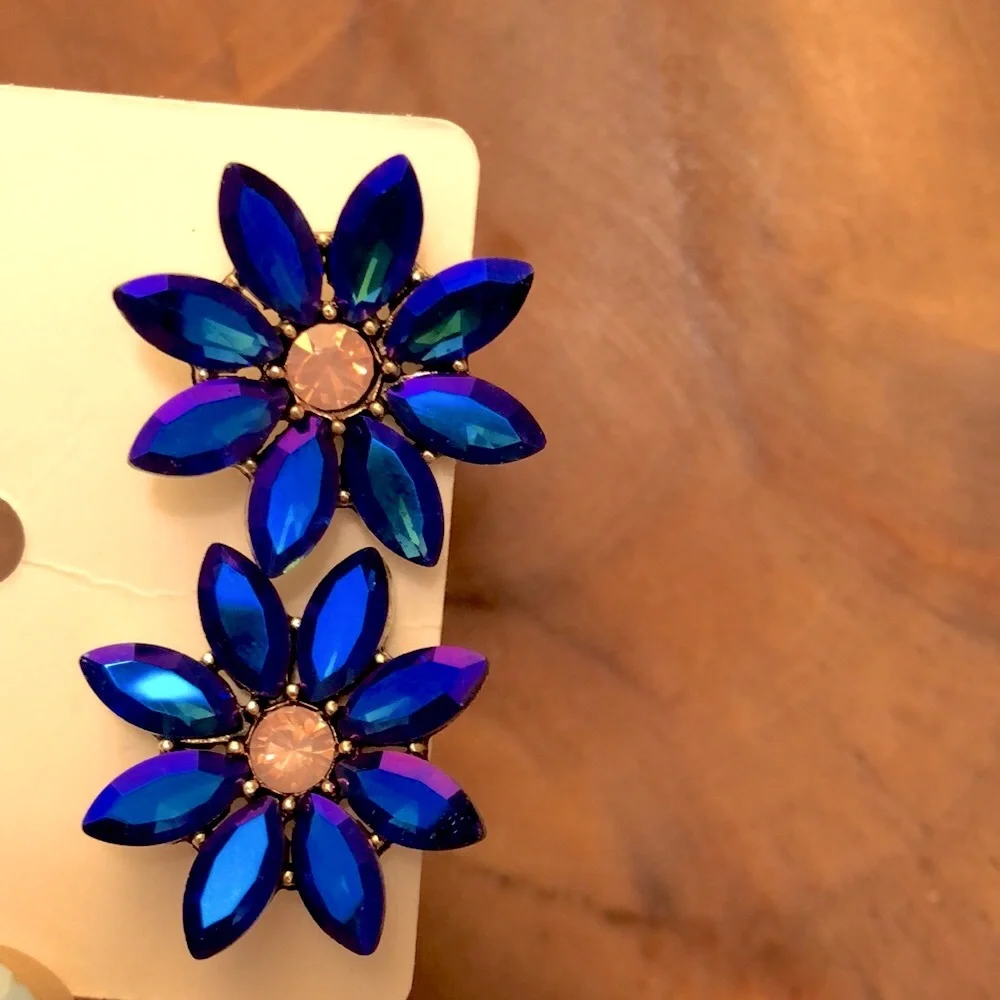 Violet Blue Aurora Borealis + Pink Opal Gold Crystal Flower Statement Earrings